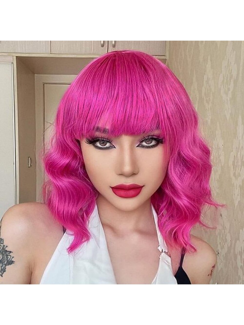 Women's Hot Pink Soft Short Bob Style Synthetic Shoulder Length Curly Wigs